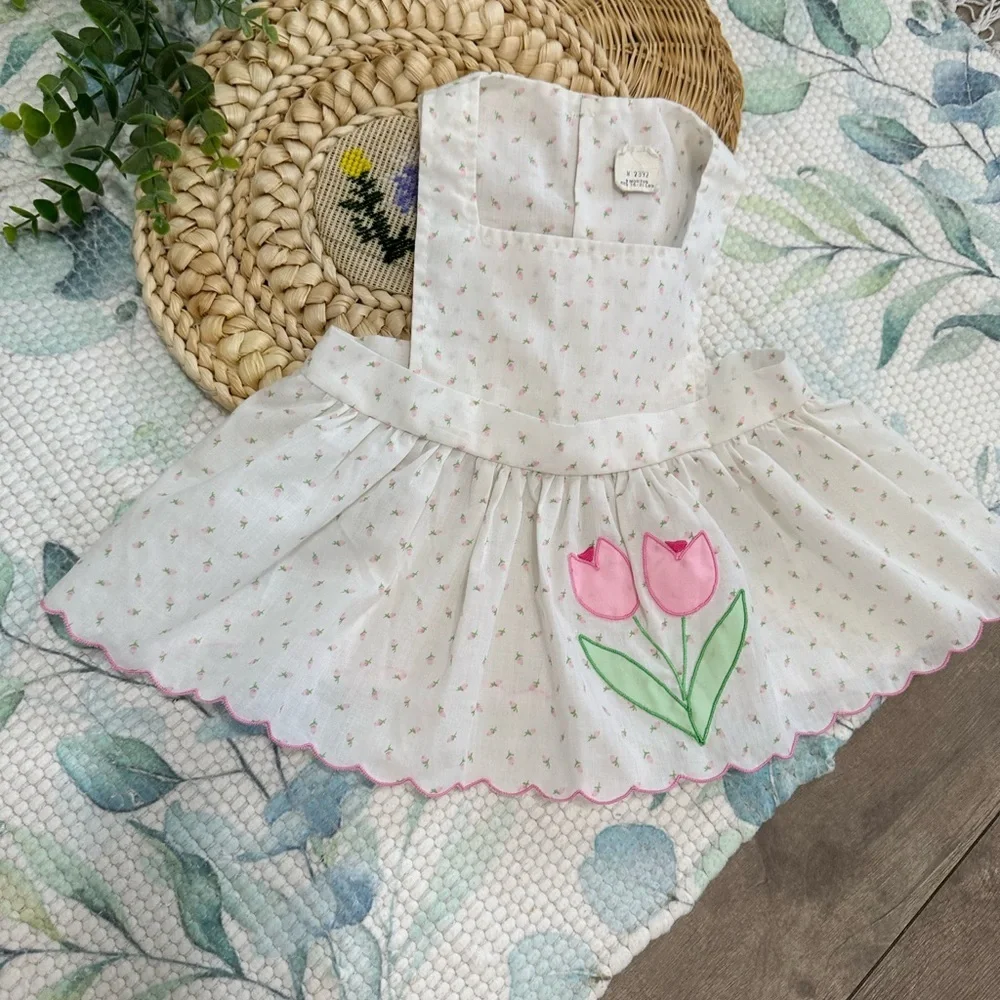 Vintage Baby Girl Delicate White Pink Tulip Floral Jumper Dress Size 9 Months